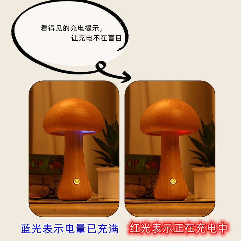 蘑菇迷你小台灯LED发光氛围卧室床头灯装饰暖光实木触控小夜灯