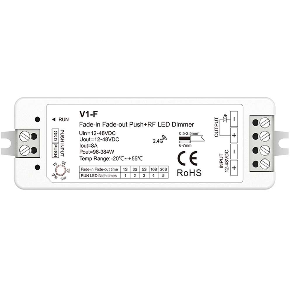 V1-M单?LED迷你RF控制器 3秒开关渐变 信号自动中继12-24V5A认证