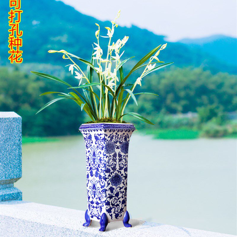 景德镇陶瓷花瓶摆件装饰品花器电视柜家居中式禅意四方花盆插种花
