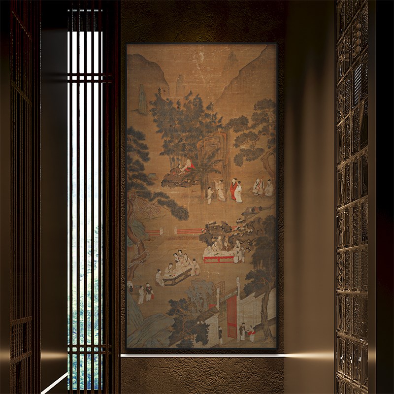 听琴图新中式玄关装饰画中古风客厅山水挂画酒店茶室竖版壁画带框