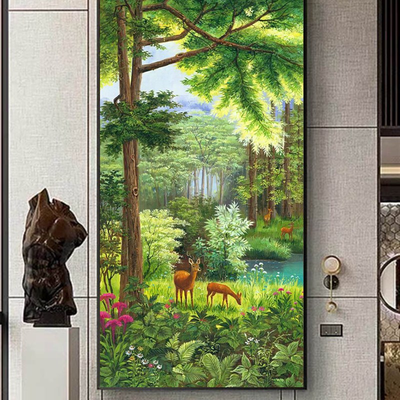 高档聚宝盆山水画入户玄关装饰画 竖版走廊过道挂画油画 风景壁画