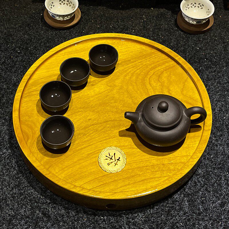 缅甸金丝楠原木茶盘茶海茶具圆形家用简约茶台中式托盘复古风送礼