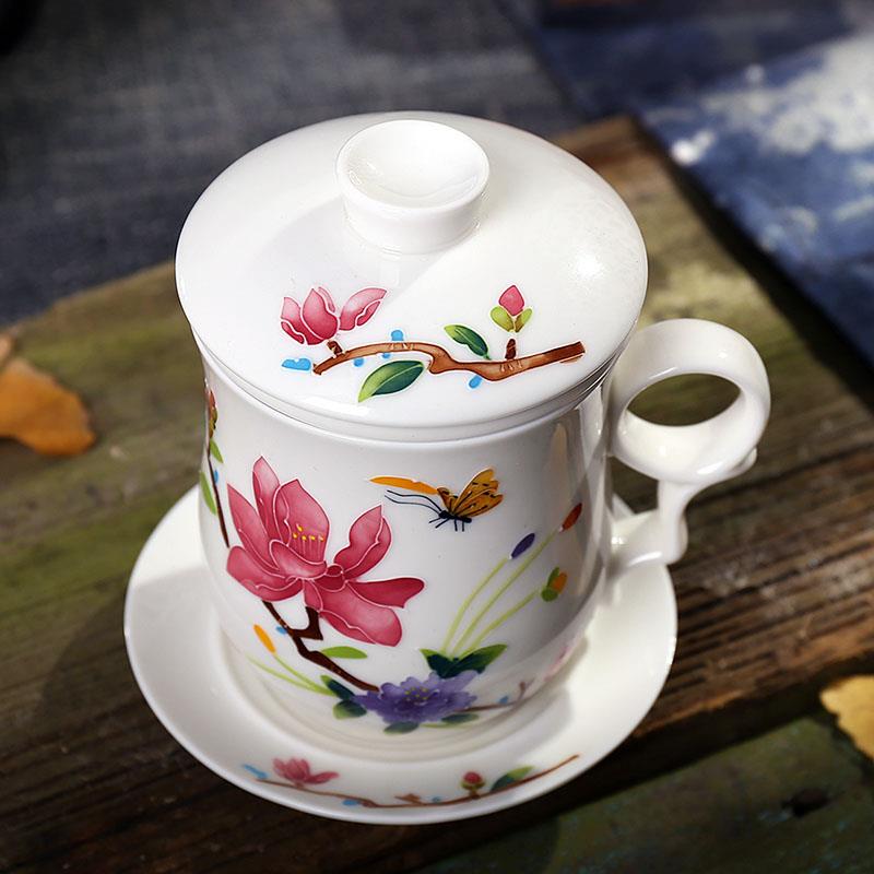 景德镇陶瓷茶杯带盖过滤水杯四件套陶瓷泡茶杯茶具办公会议个人杯