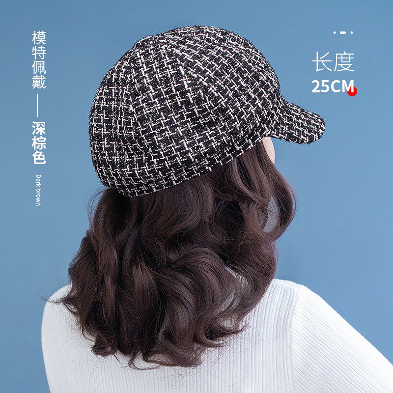 帽子一体假发帽子新款2025年网红时尚女春秋季短卷发八角帽可拆卸