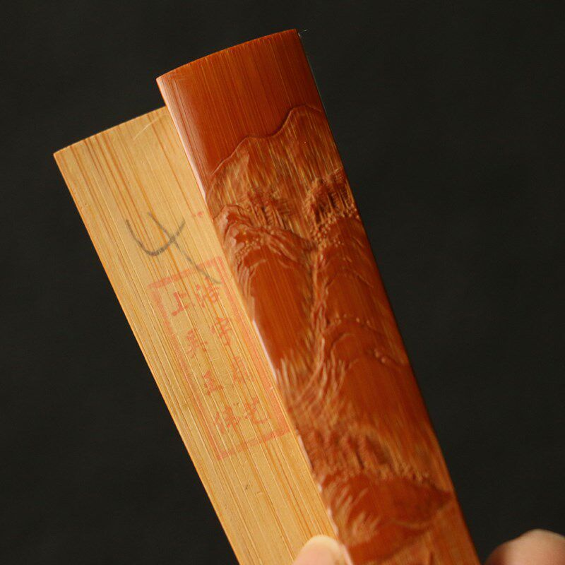 精品双面纯手工浅浮雕山水风光图老玉竹扇骨文玩竹雕折扇子王伟制