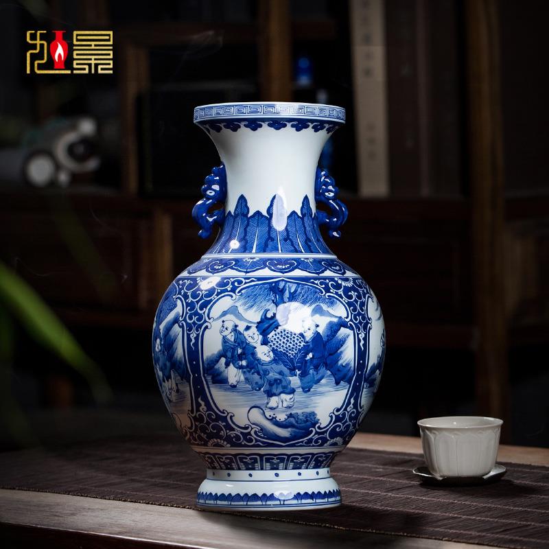 钟家窑柴窑青花瓷花瓶景德镇陶瓷摆件仿古戏婴图瓷器客厅装饰瓷瓶