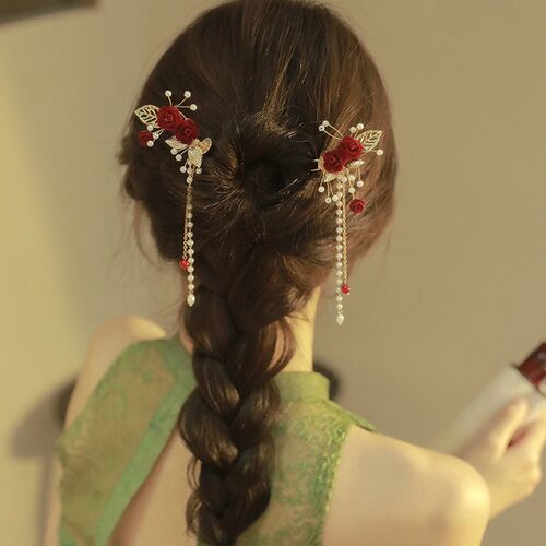 红色玫瑰花流苏U型发簪高级感中国风簪子女古风新年发饰发钗发插