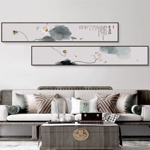 禅意荷花新中式客厅装饰画沙发背景墙横款窄长条挂画水墨莲花壁画