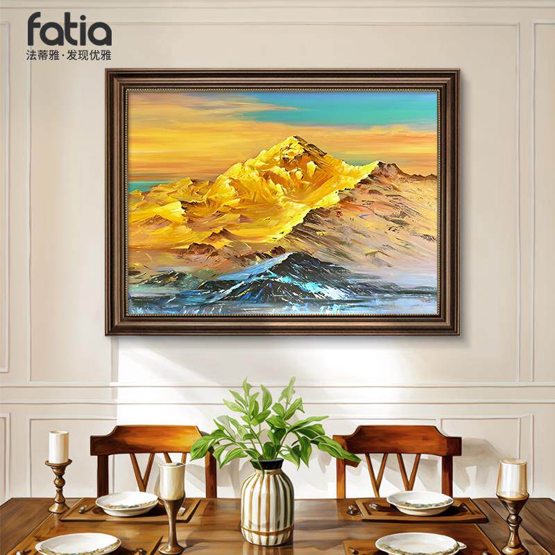 日照金山餐厅装饰画饭厅背景墙挂画复古油画山水画背有靠山高级感