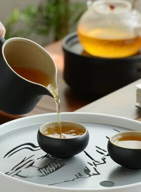 办公室粗陶公道杯黑陶分茶器陶瓷茶海功夫茶具配件单个公平杯家用
