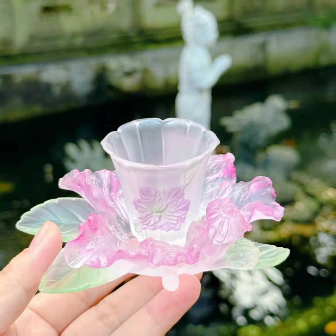 东魅十二花神紫薇花杯杯垫组合套装古法琉璃茶具品茗杯茶室桌面摆