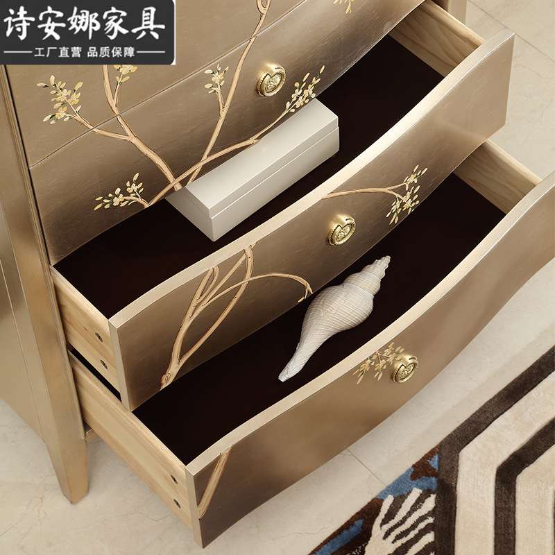 法式奢华实木雕花斗柜客厅彩绘五斗柜卧室收纳储物柜高端家具E6