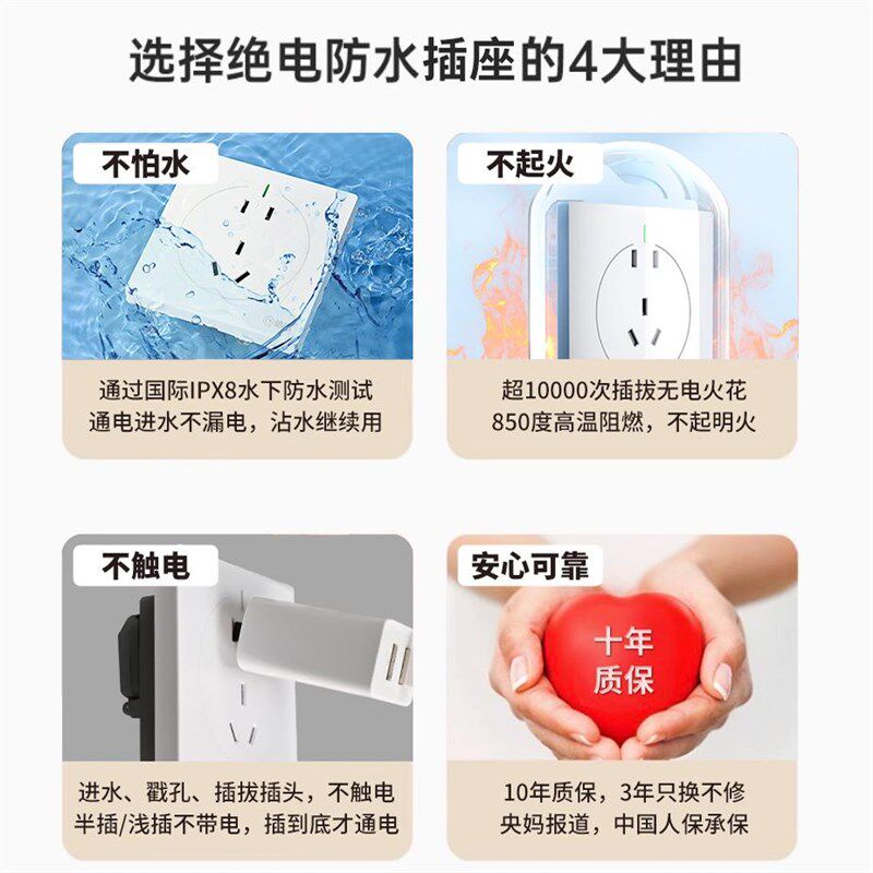 【套装】绝电防水插座86型10A五孔明装卫生间浴室防触电安全插座