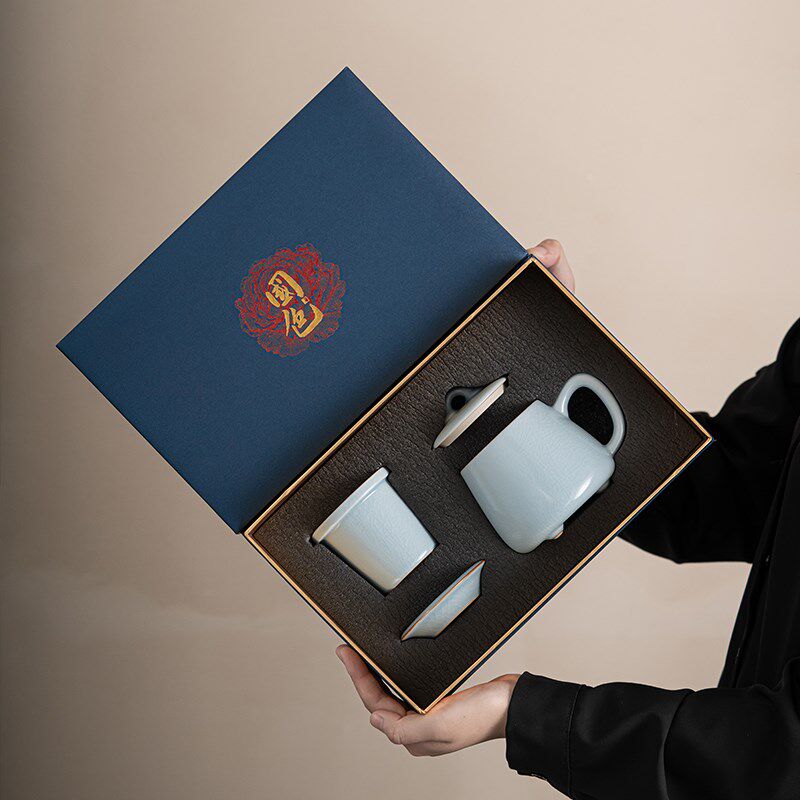 苏氏陶瓷汝窑办公茶杯带盖家用泡茶水杯开片可养过滤喝茶杯礼盒装