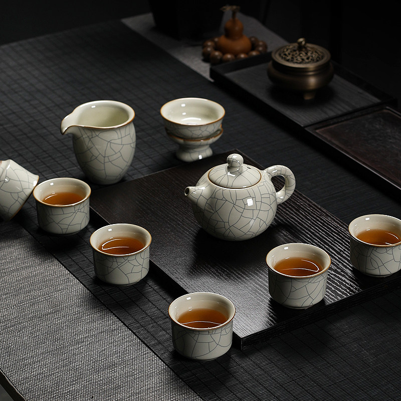 青瓷功夫茶具套装手工月白冰裂陶瓷三才盖碗茶杯茶壶整套中式家用
