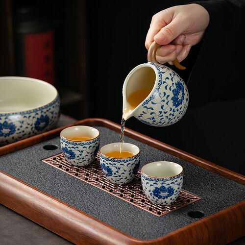 汝窑青花公道杯带手柄陶瓷大号茶海公平杯功夫茶具匀杯过滤分茶器