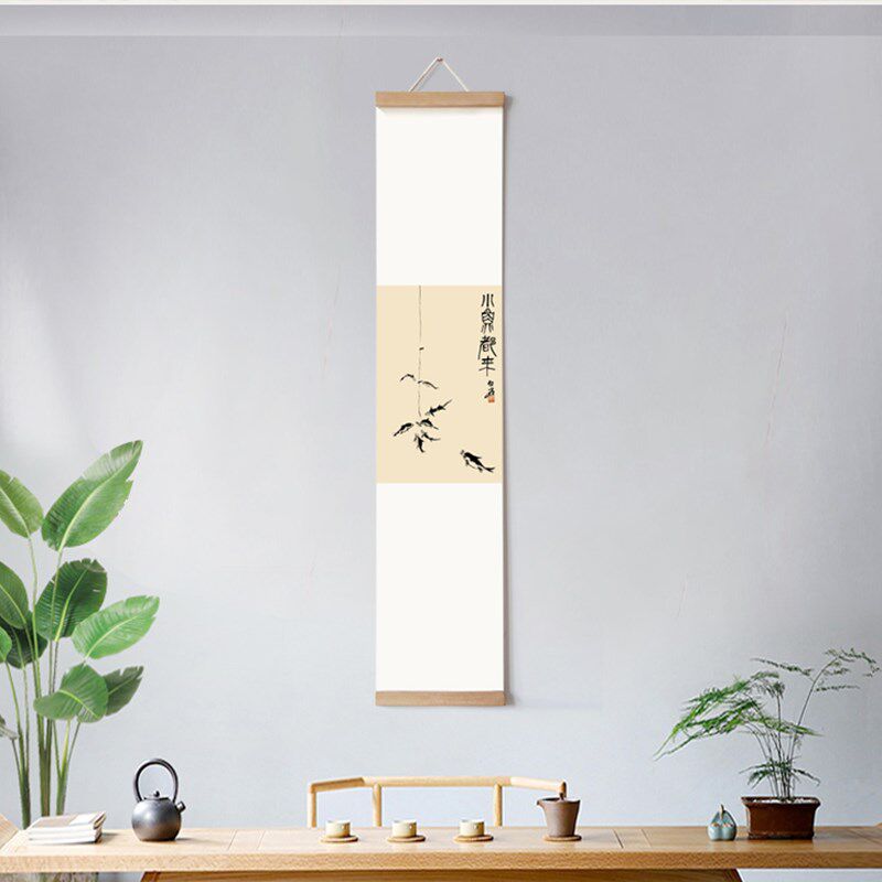 齐白石水墨国画小鱼都来竖长幅卷轴挂画极简禅意装饰画茶室挂轴画