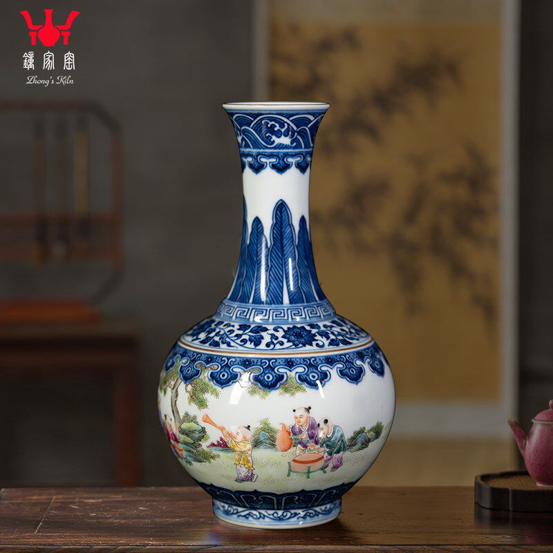 钟家窑景德镇陶瓷花瓶手绘青花瓷瓷瓶小号复古中式客厅摆件装饰品