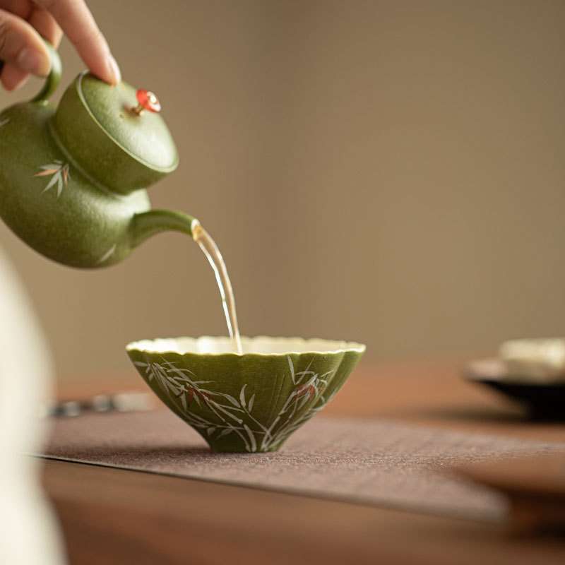 景德镇纯手绘洒金竹影茶杯花口普洱杯敞口杯子陶瓷茶具精致品茗杯