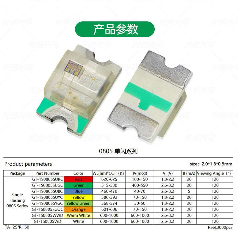 0805自闪红灯黄灯翠绿蓝灯暖白灯 2012内置IC高亮贴片led灯珠