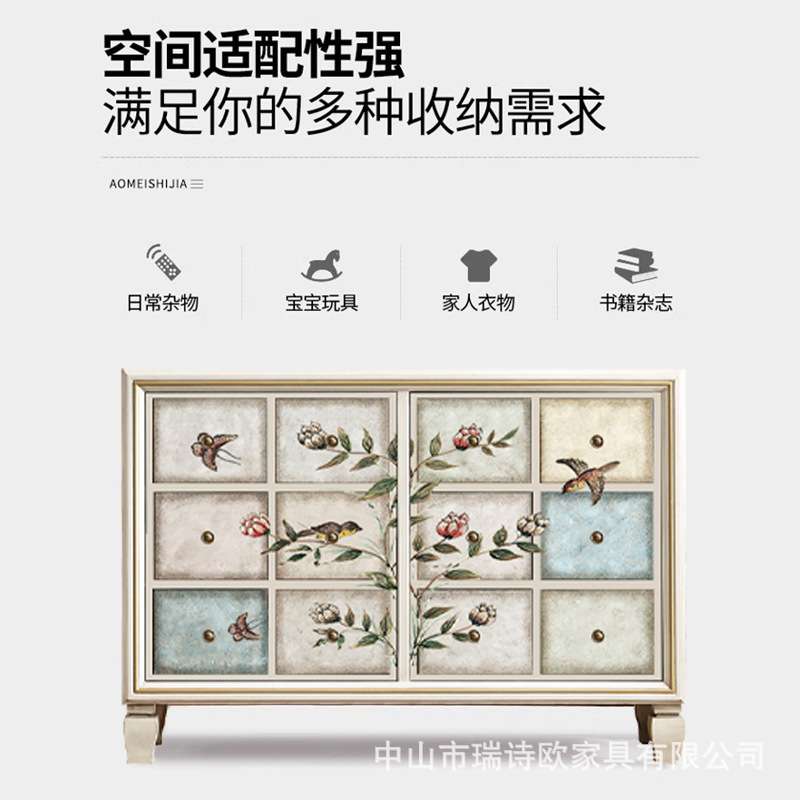 美式田园风格实木斗柜艺术彩绘多抽屉分类储物柜卧室收纳柜五斗柜