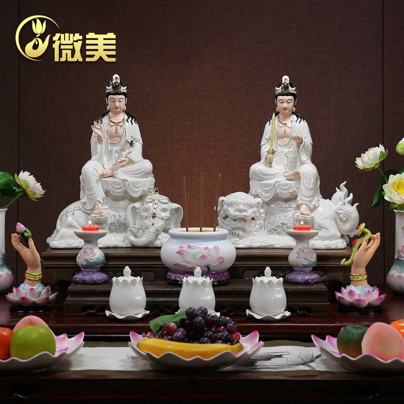德化陶瓷羊脂玉瓷三尺吋华严三圣文殊菩萨普贤菩萨彩绘佛像摆件