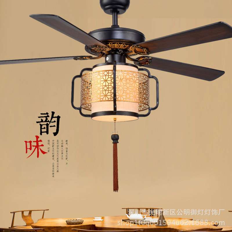 新中式吊扇灯 客厅餐厅卧室风扇灯木叶静音中式LED灯饰电风扇吊灯