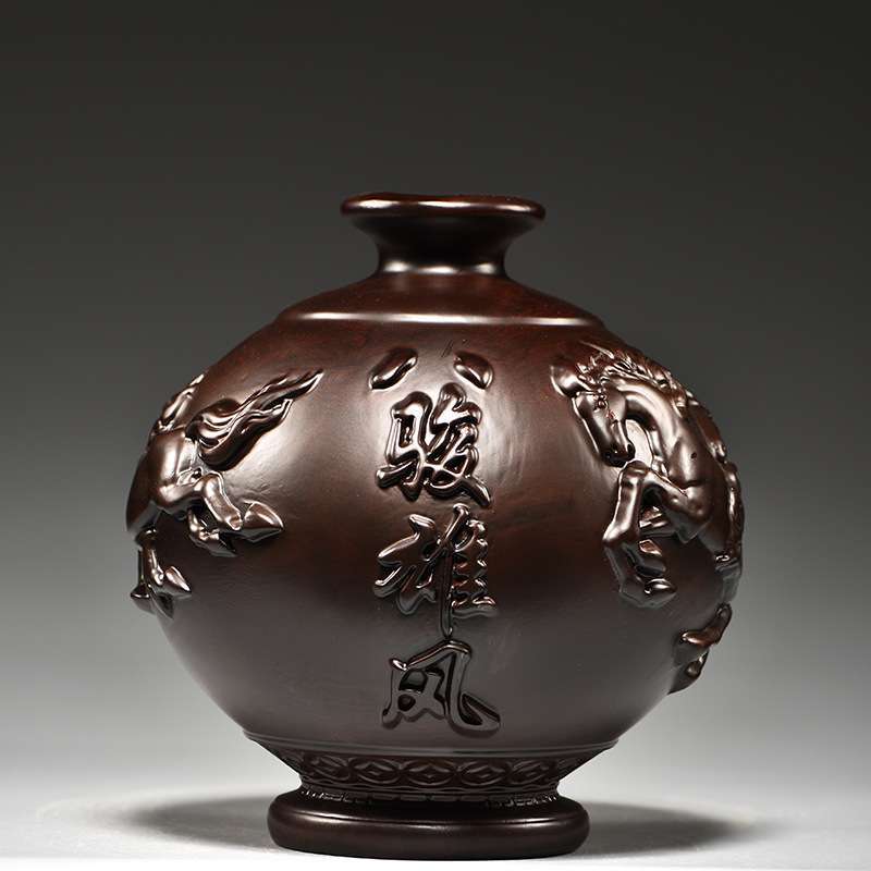 黑檀木雕八骏雄风花瓶摆件马到成功客厅插花装饰家居实木质工艺品