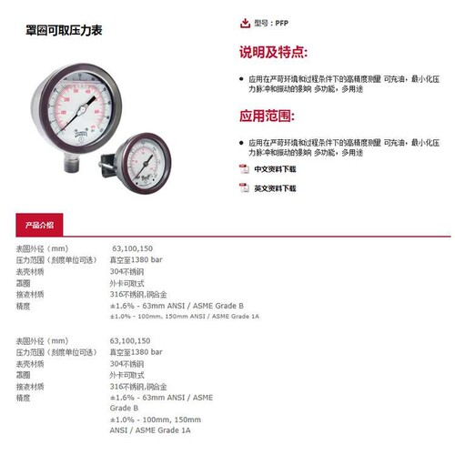 倍润加拿大WINTERS供应PFP系列罩圈可取压力表
