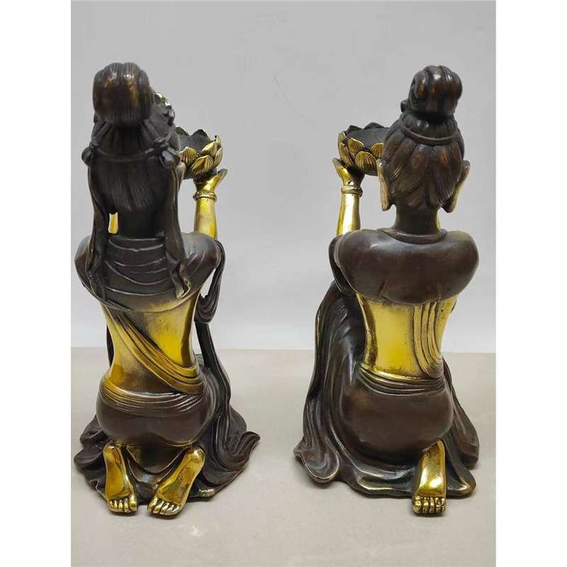 纯铜美女油灯家居佛前供奉酥油灯长明灯铜蜡台一对桌面摆件