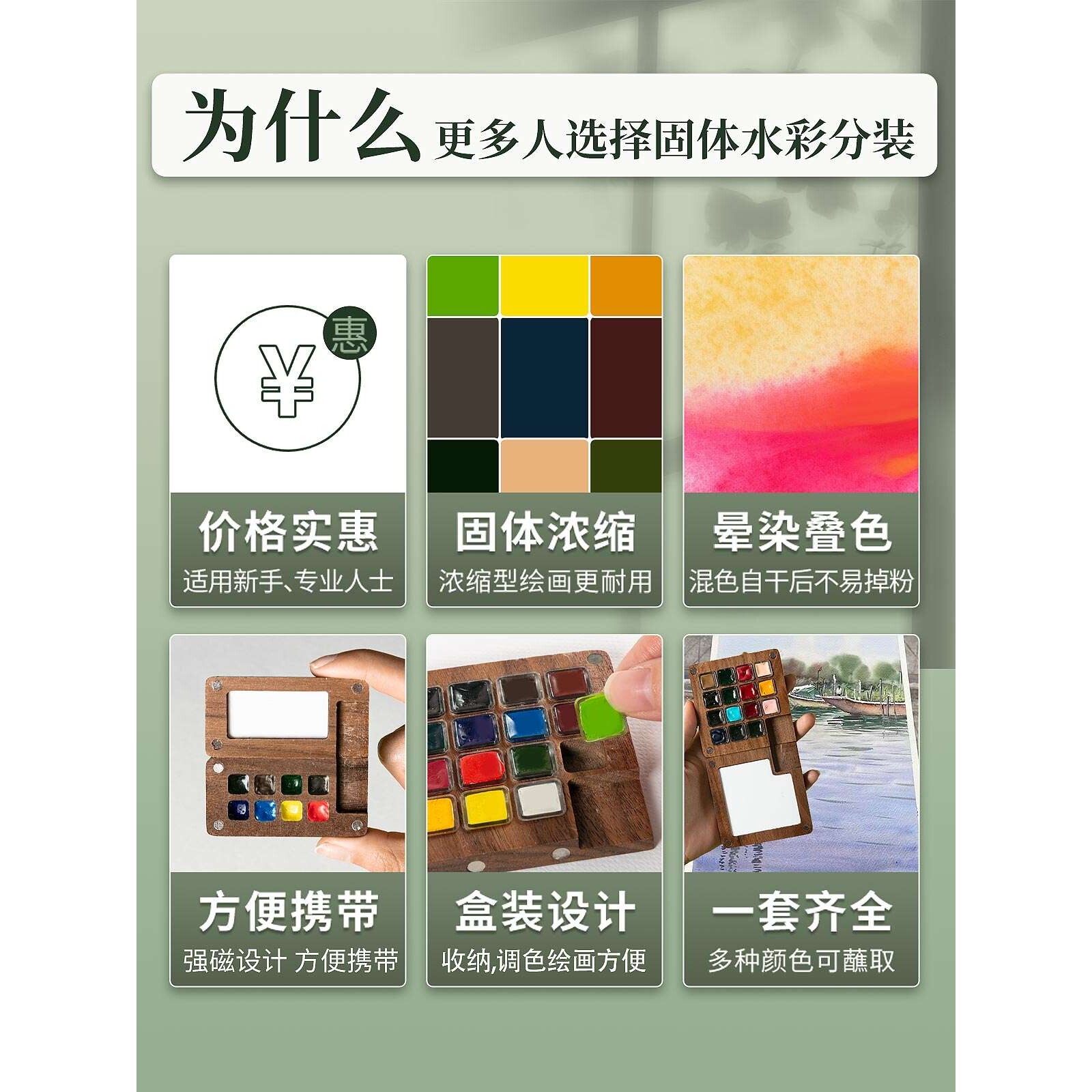 迷你便携水彩颜料套装固体分装荷尔拜因美术专用全套工具调色盘水