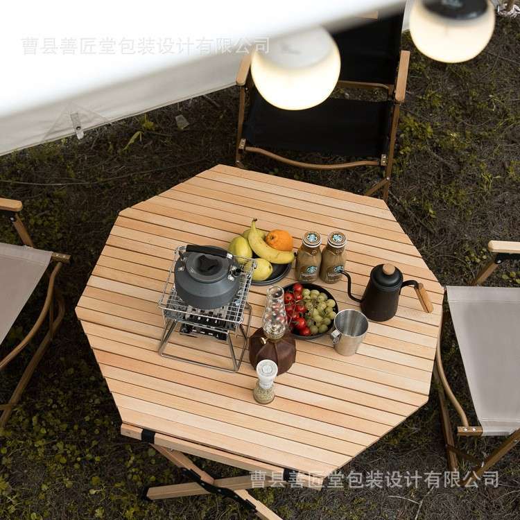 户外便携自驾游家用简易野餐桌木制八角蛋卷桌露营折叠桌