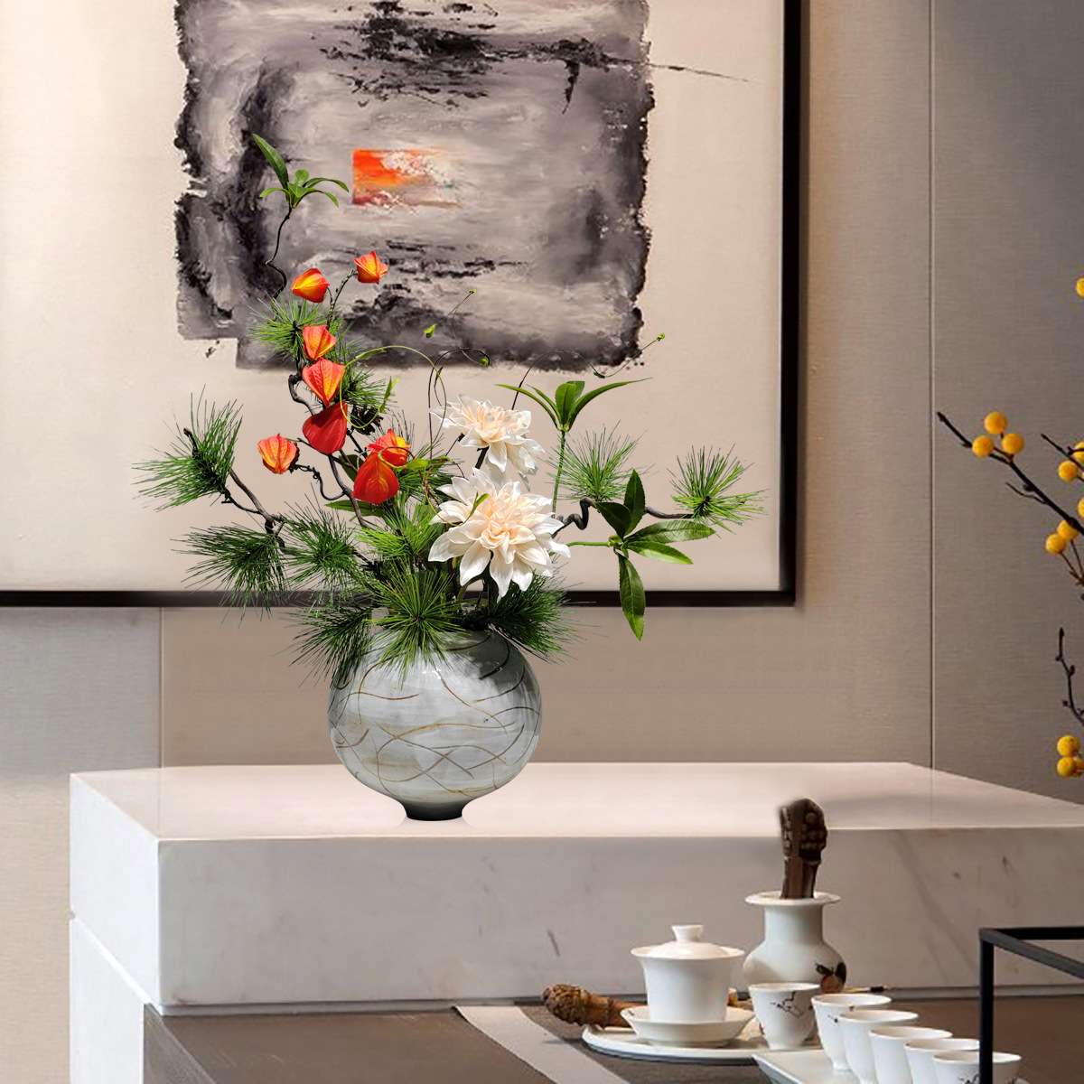 中式创意仿真花艺摆件客厅餐桌展厅洽谈桌绿植假花家具装饰品摆件