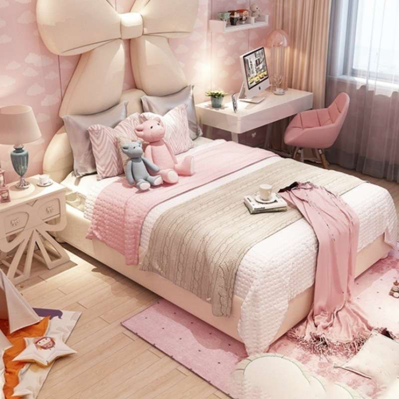女生皮艺床儿童床女孩卧室韩式少女心蝴蝶结粉白色创意软床公主床