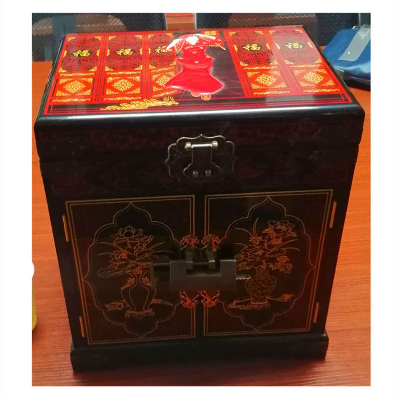 彩绘漆器礼箱盒木质2门抽屉大号首饰箱 贴金漆器堆股工艺收纳箱盒