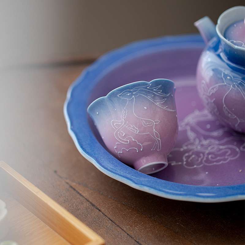 墨己梦幻紫渐变花口茶杯手绘鹿踏祥云喝茶单杯陶瓷品茗杯小号家用