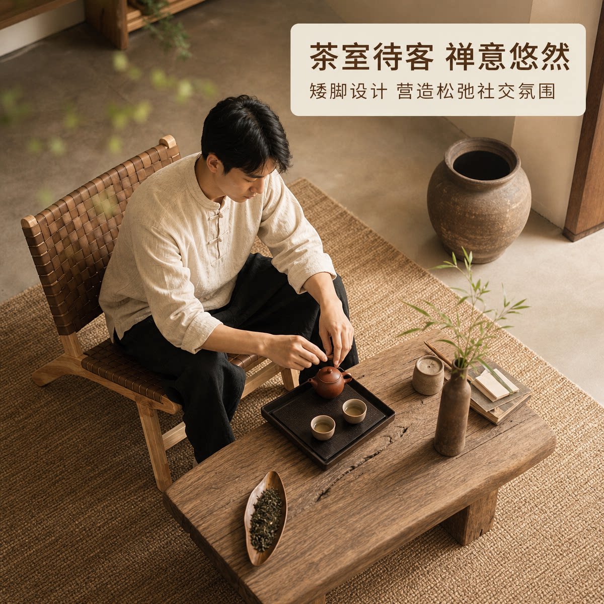 木语铜舟实木绳编休闲椅