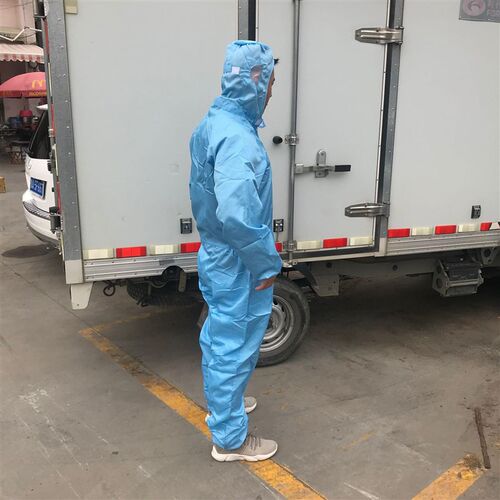 防尘服喷漆防护服防静电服  车间防静电连体蓝色连帽工作服加长版