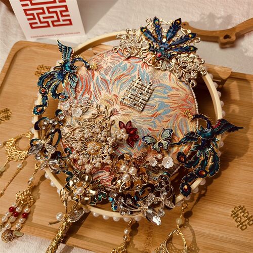 结婚团扇秀禾婚礼喜扇出嫁手工宫扇子双面蓝色秀禾新娘diy材料包