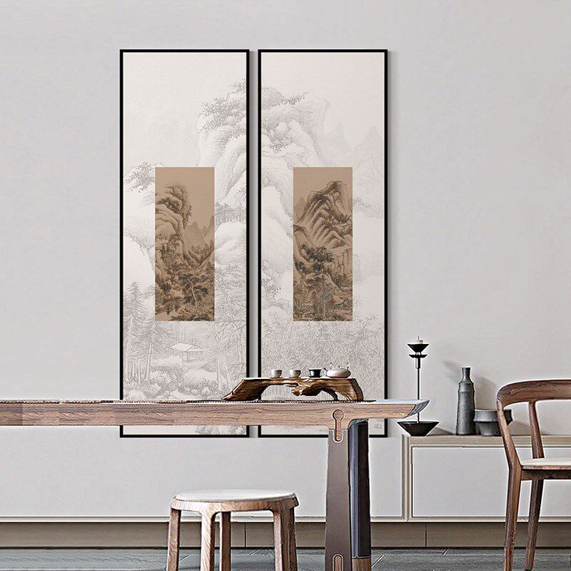 新中式古典组合装饰画山水抽象简约茶室挂画样板间艺术配画竖版画