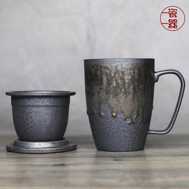 粗陶马克杯男士泡茶杯茶水分离带盖过滤茶漏办公室大容量陶瓷杯子
