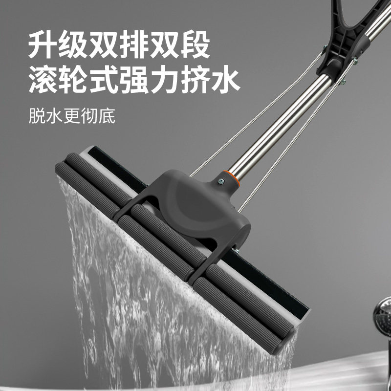 上吉38CM大号滚轮式胶棉拖把不锈钢免手洗家用吸收海绵头拖把结实
