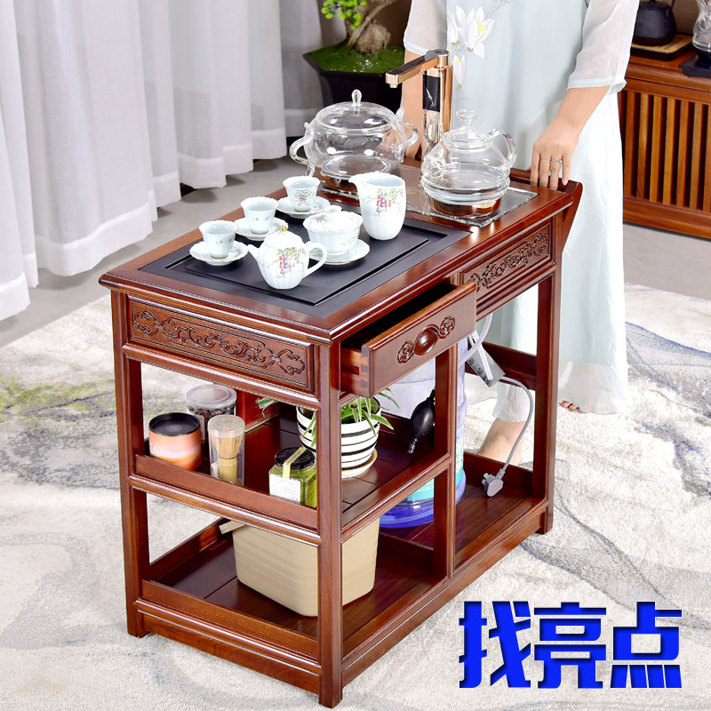 茶桌家用小茶台移动茶车乌金石花梨木沙比利泡茶桌沙发边柜一体