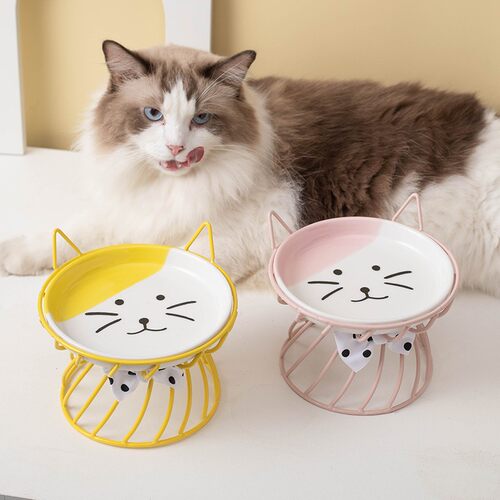 猫碗陶瓷高脚护颈粮碗浅口大口径宠物食盆加菲猫专用扁脸碗零食盘