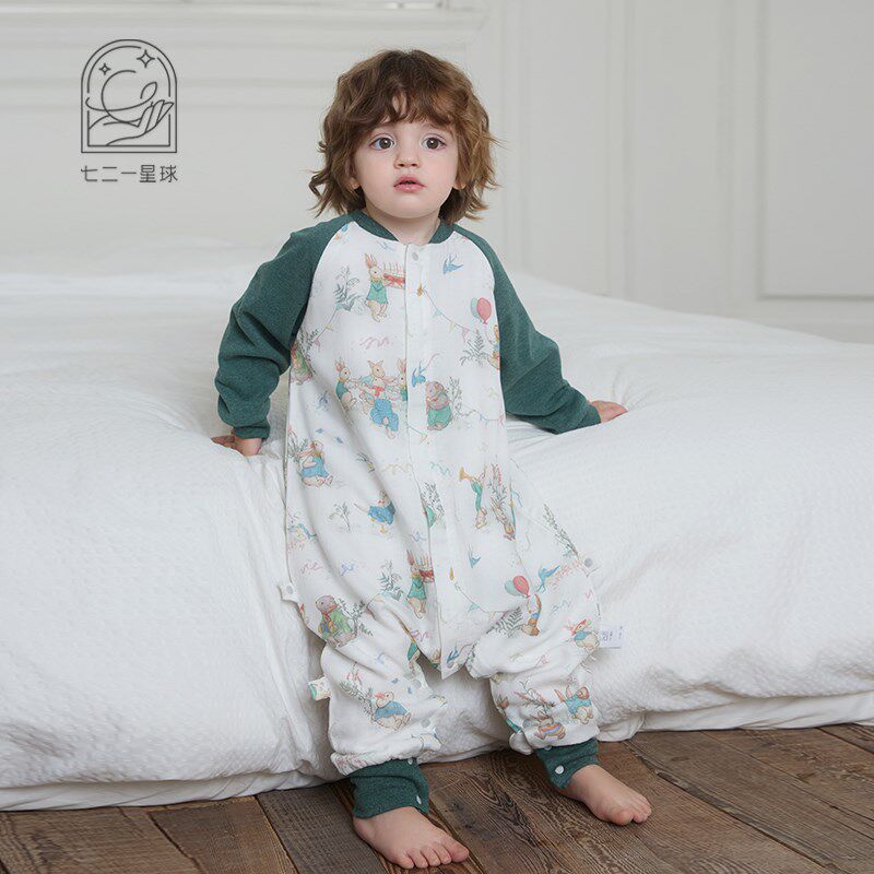 721星球婴幼儿睡袋秋冬竹棉纱布儿童长袖分腿夹棉防踢被四季通用
