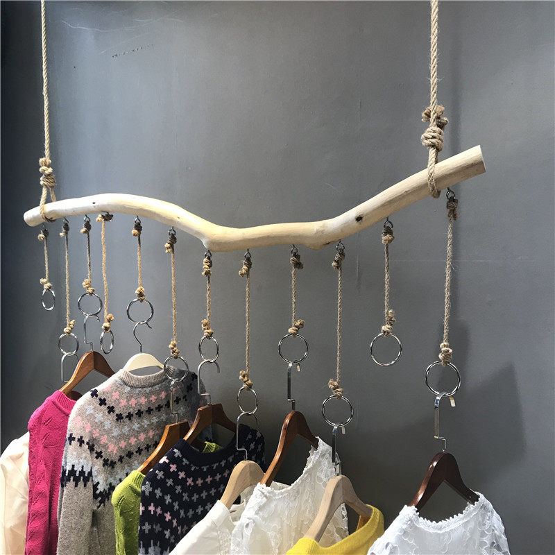 服装店吊架树枝麻绳展示架上墙衣架墙壁挂悬挂侧挂复古服装架子