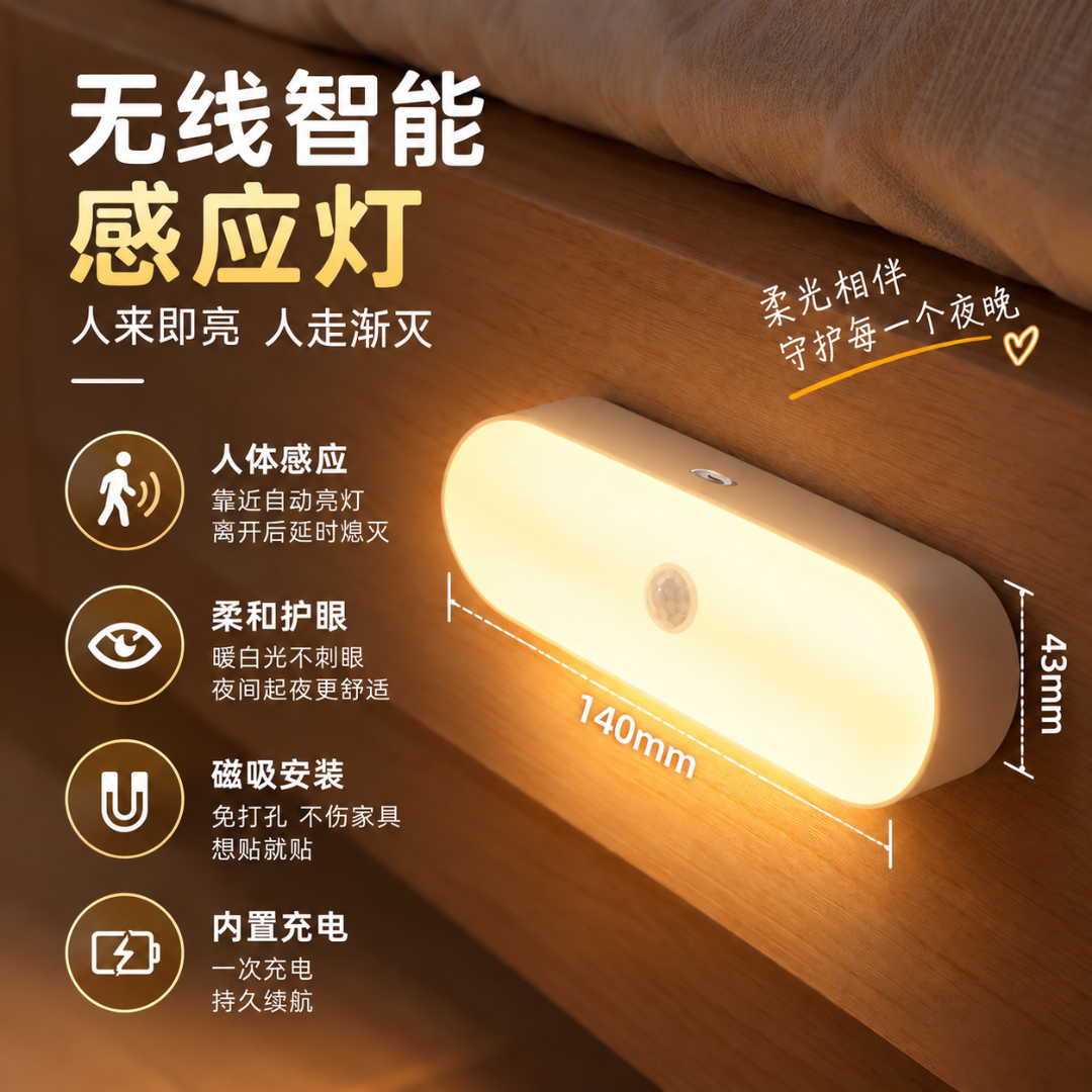 智能磁吸人体感应灯充电式无线小夜灯起夜楼道过道LED感应灯w
