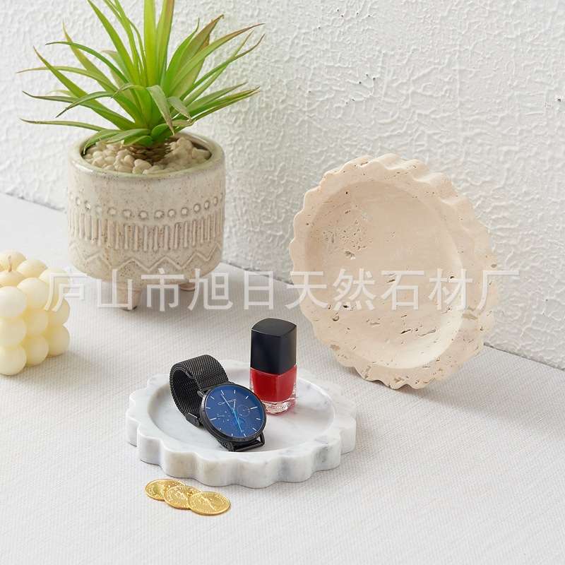 天然黄洞石花边首饰装饰盘白色花边托盘大理石皂碟皂托杯托展示盘