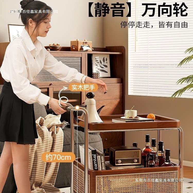 可移动边几小推车客厅沙发茶几新款中古风实木厨房收纳置物架餐车