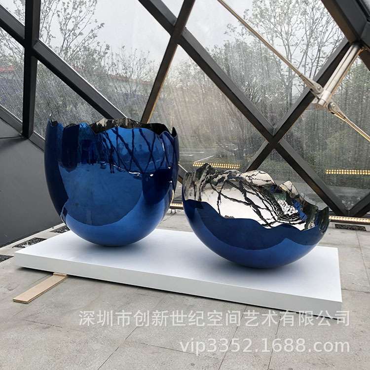 不锈钢椭圆蛋壳宝石蓝喷镀摆件楼梯口过道艺术装置现代艺术雕塑